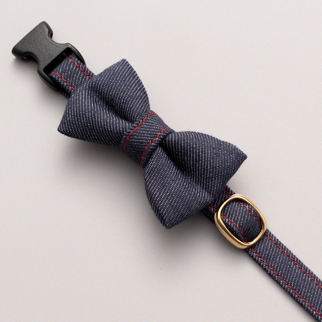 リボン付き猫首輪 デニム ネイビー