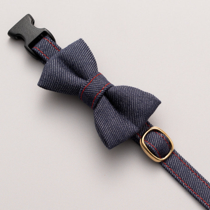 リボン付き猫首輪 デニム ネイビー