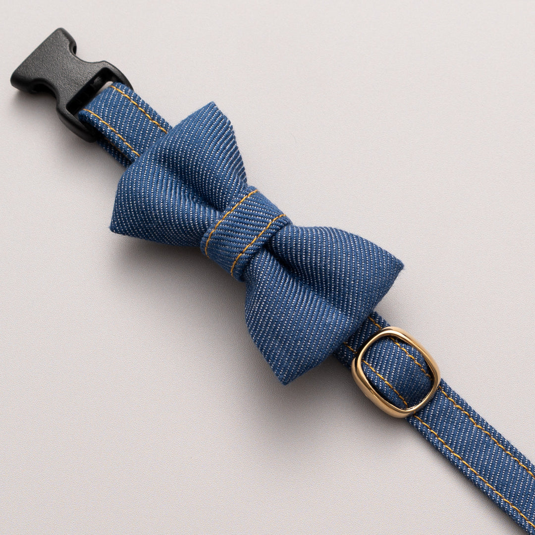 リボン付き猫首輪 デニム ブルー