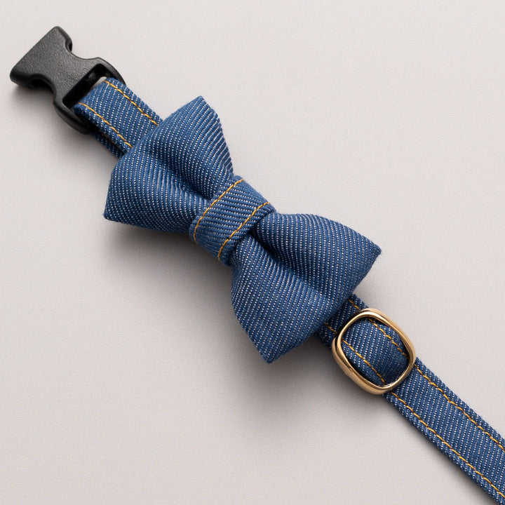 リボン付き猫首輪 デニム ブルー