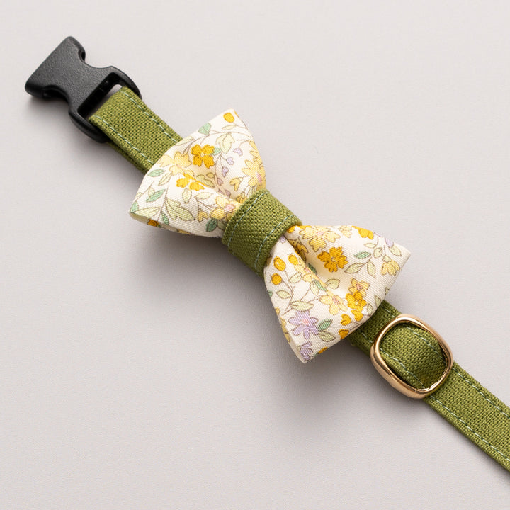 リボン付き猫首輪 綿麻小花 グリーン&イエロー