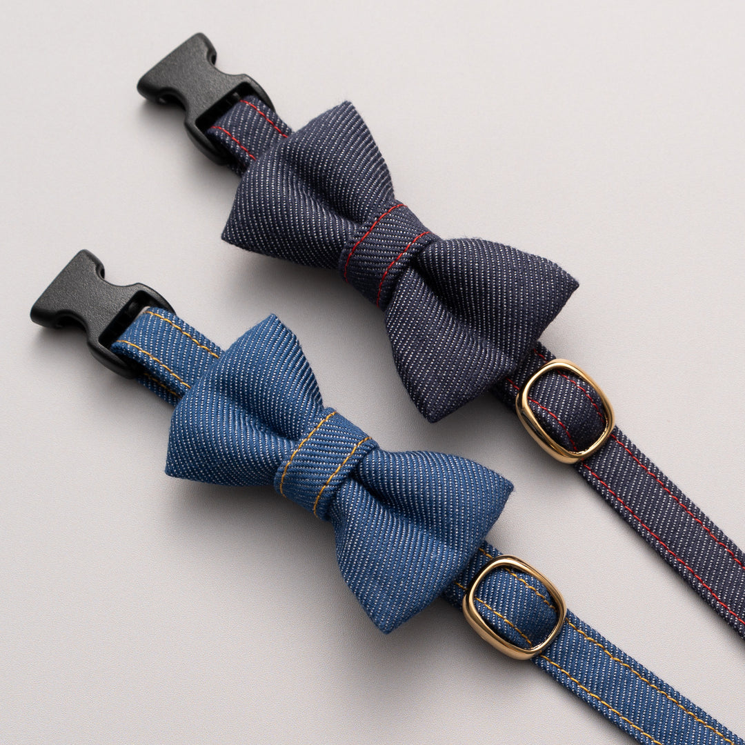 リボン付き猫首輪 デニム ネイビー