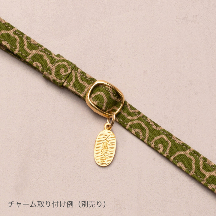 リボン付き猫首輪 唐草うずまき 青緑