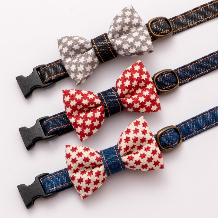 リボン付き猫首輪 岡山児島デニム スタードット グレー×ブラック【限定モデル】