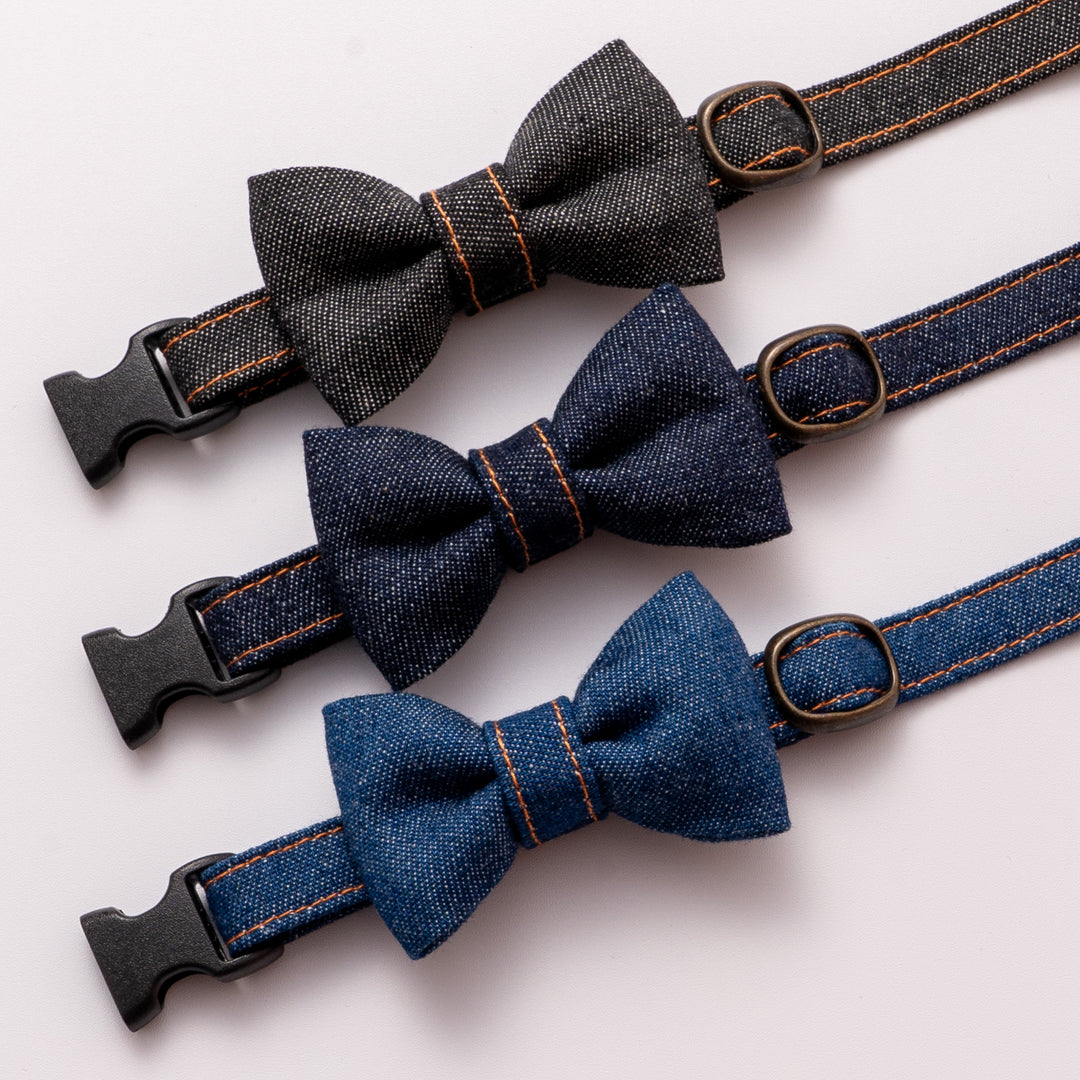 リボン付き猫首輪 岡山児島デニム ネイビー