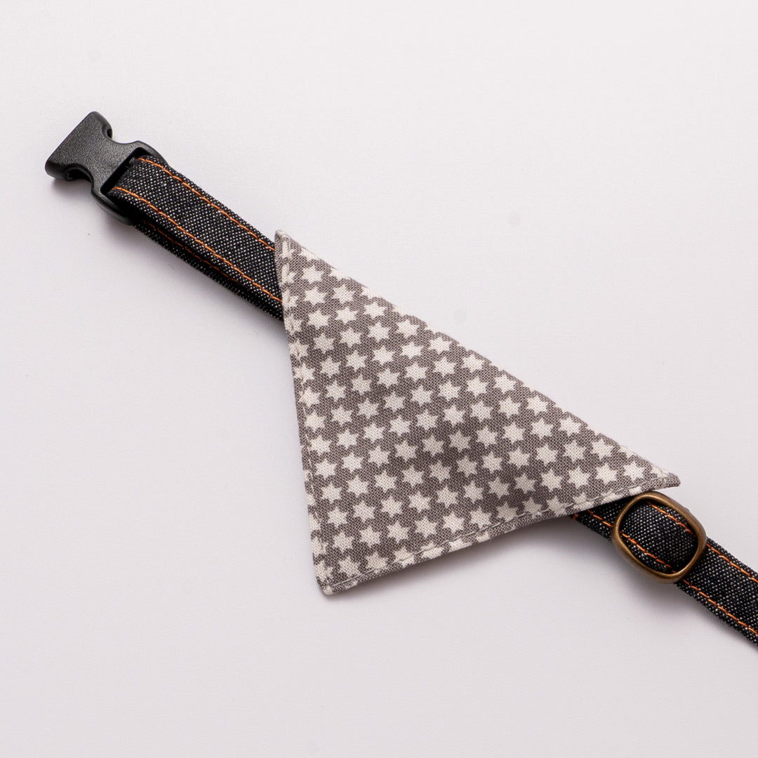 バンダナ付き猫首輪 岡山児島デニム スタードット グレー×ブラック【限定モデル】