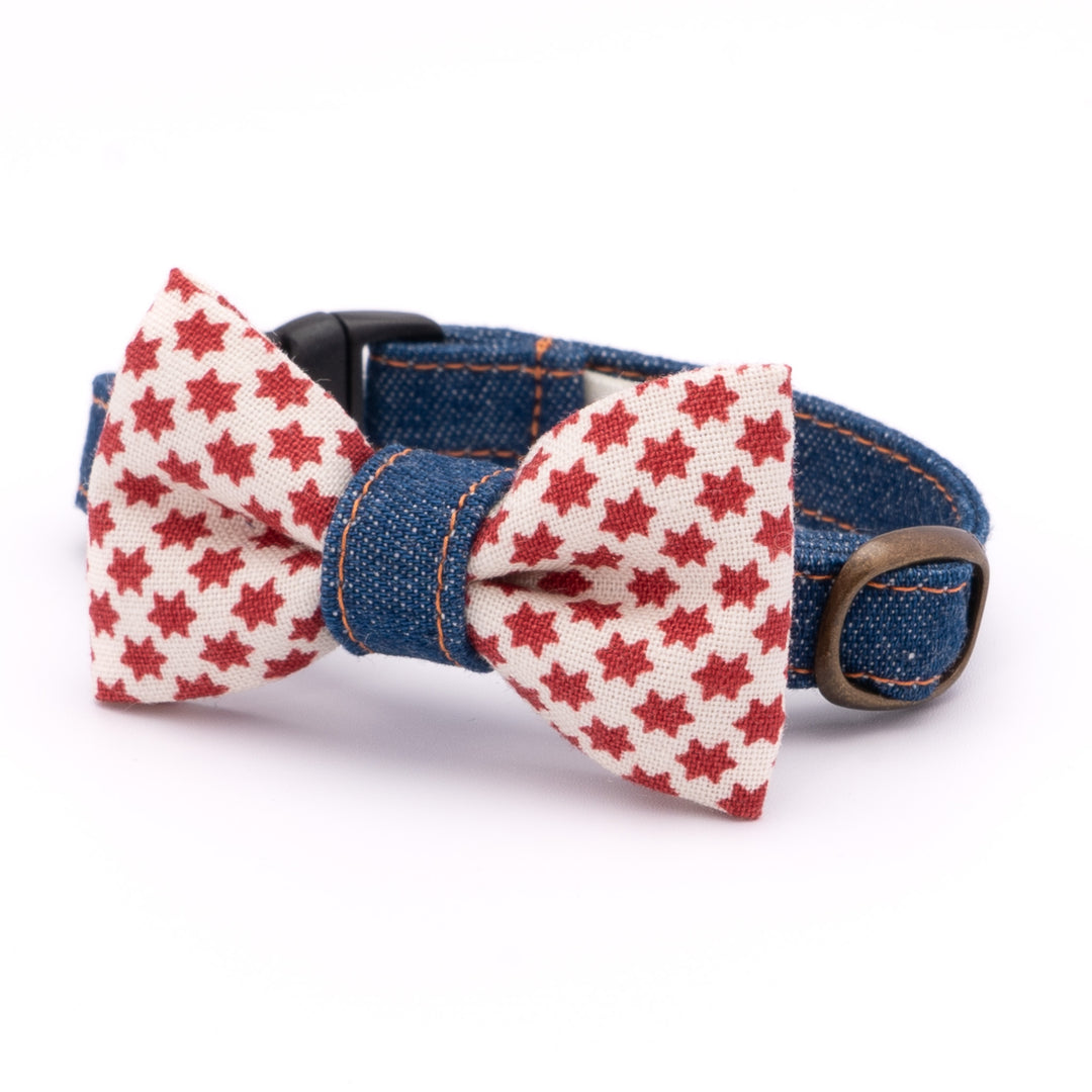 リボン付き猫首輪 岡山児島デニム スタードット ホワイト×ブルー【限定モデル】