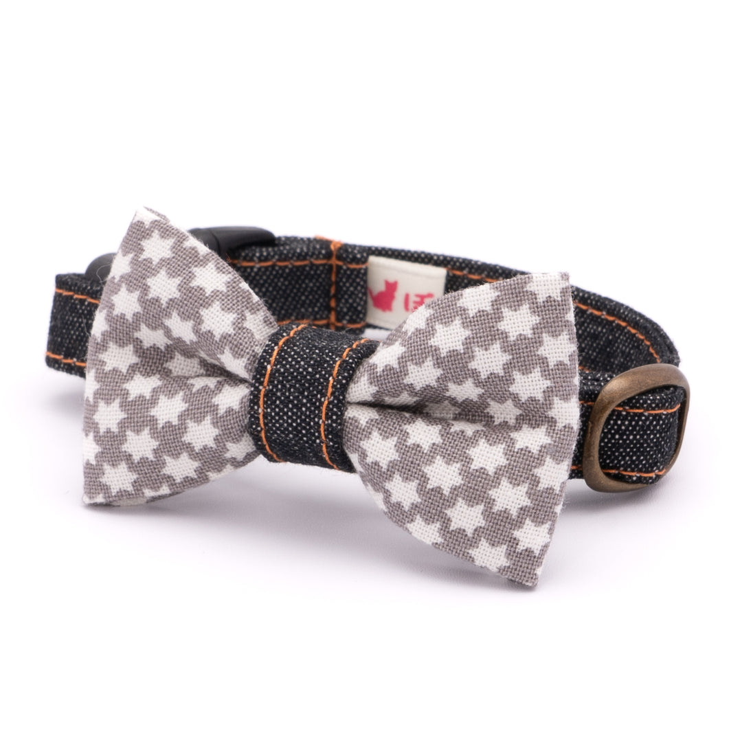 リボン付き猫首輪 岡山児島デニム スタードット グレー×ブラック【限定モデル】