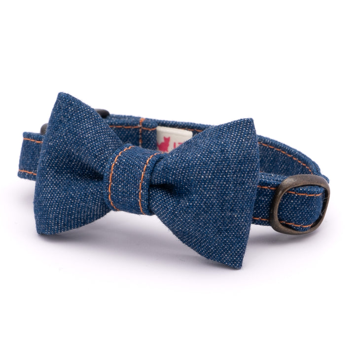 リボン付き猫首輪 岡山児島デニム ブルー