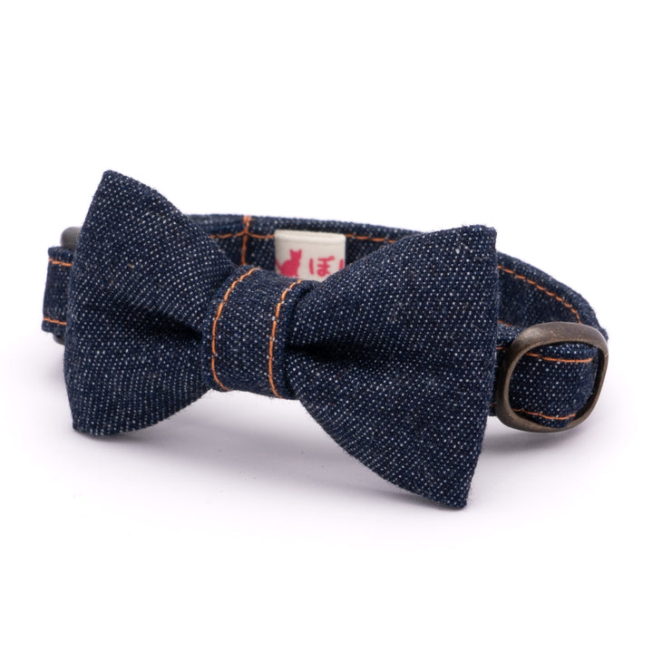 リボン付き猫首輪 岡山児島デニム ネイビー