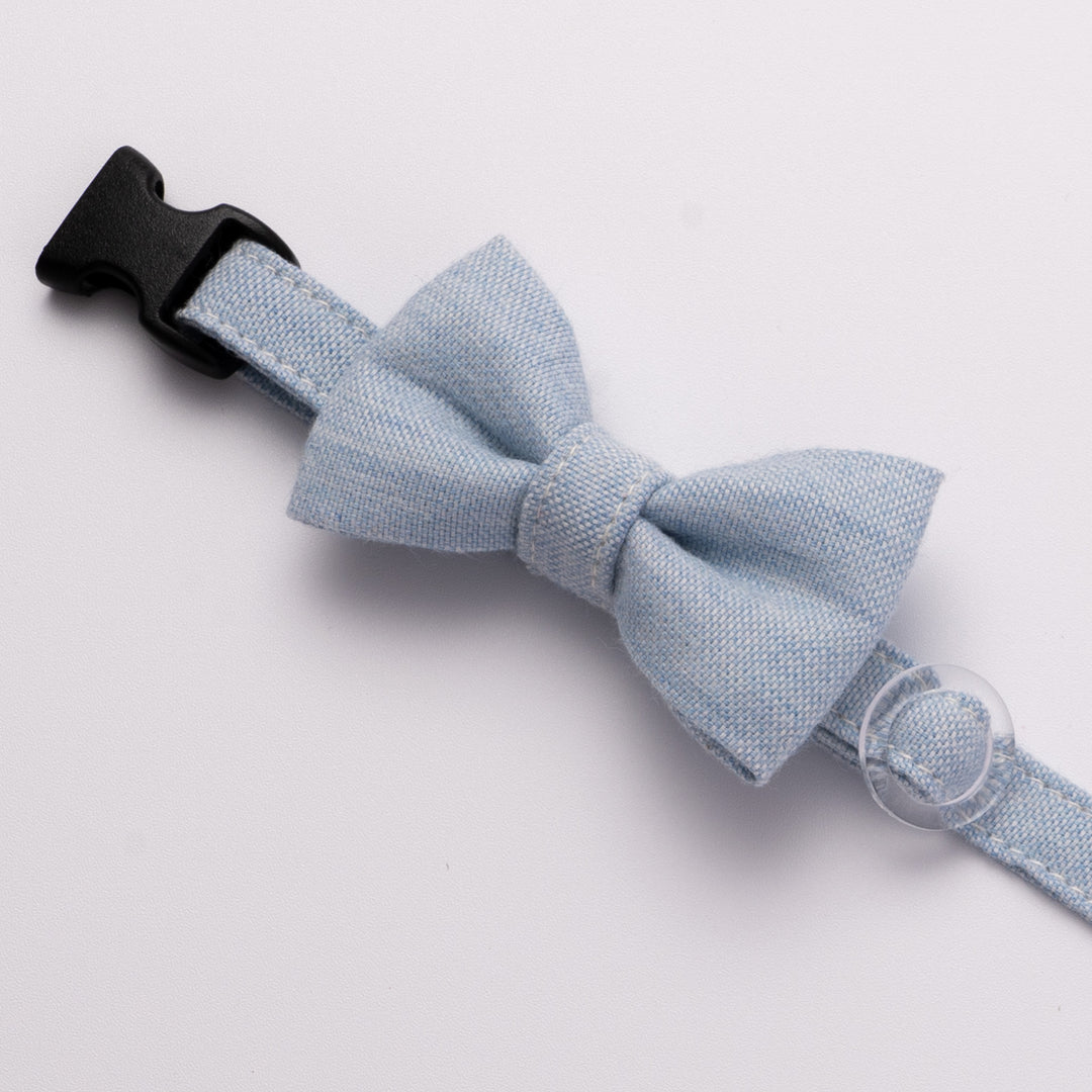 リボン付き猫首輪 オールコットン・金属アレルギー対応 ブルー