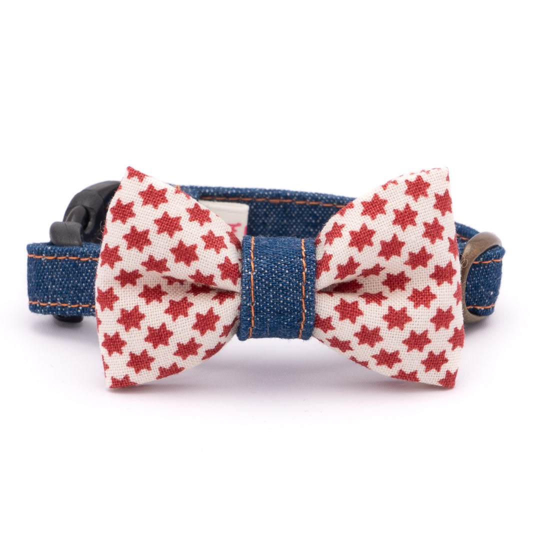 リボン付き猫首輪 岡山児島デニム スタードット ホワイト×ブルー【限定モデル】
