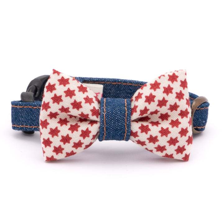 リボン付き猫首輪 岡山児島デニム スタードット ホワイト×ブルー【限定モデル】