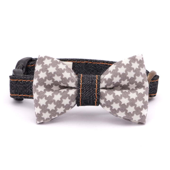 リボン付き猫首輪 岡山児島デニム スタードット グレー×ブラック【限定モデル】