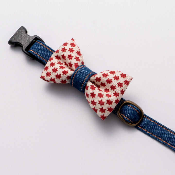 リボン付き猫首輪 岡山児島デニム スタードット ホワイト×ブルー【限定モデル】