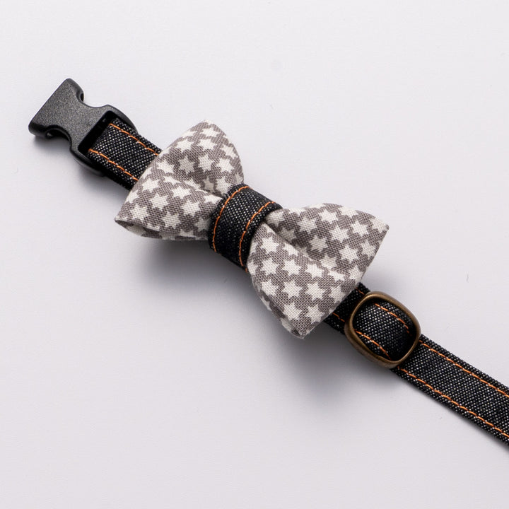 リボン付き猫首輪 岡山児島デニム スタードット グレー×ブラック【限定モデル】