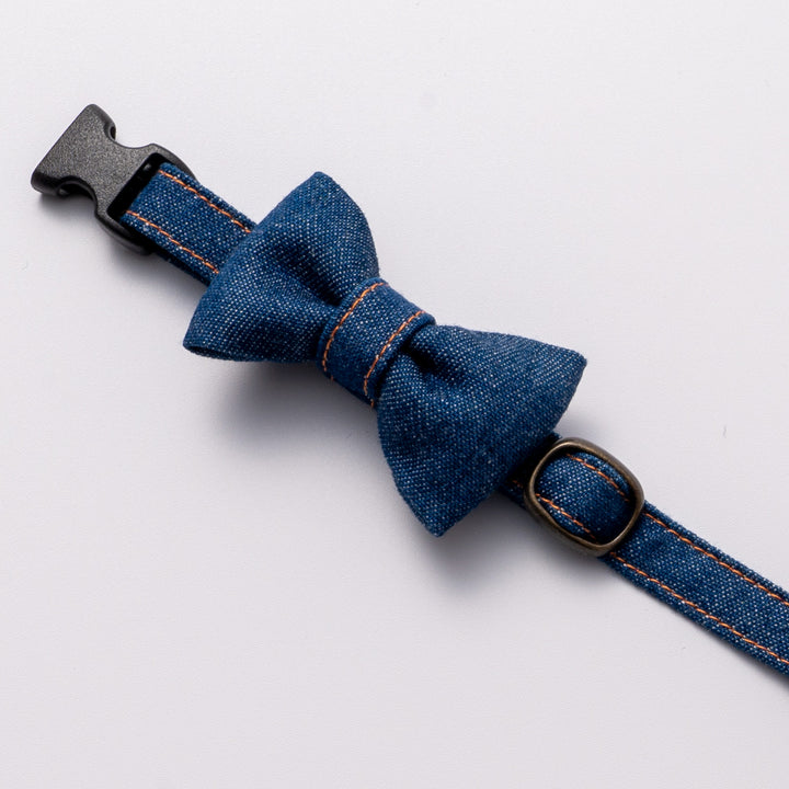 リボン付き猫首輪 岡山児島デニム ブルー