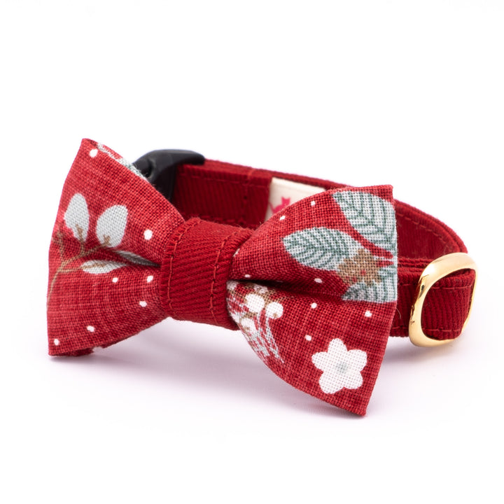 リボン付き猫首輪 クリスマス ボタニカル レッド