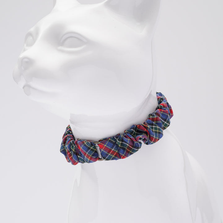 シュシュ猫首輪 播州織タータンチェック ブルー