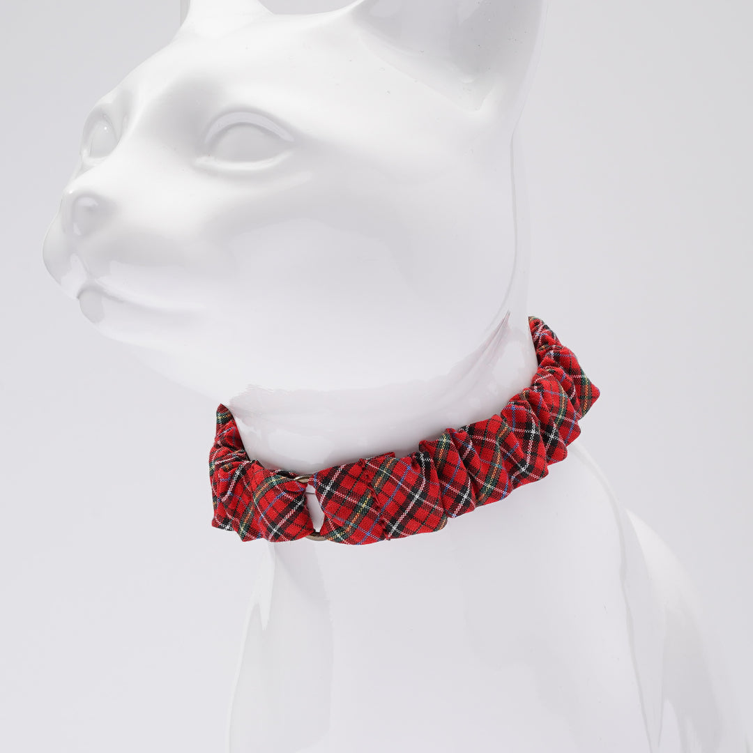 シュシュ猫首輪 播州織タータンチェック レッド