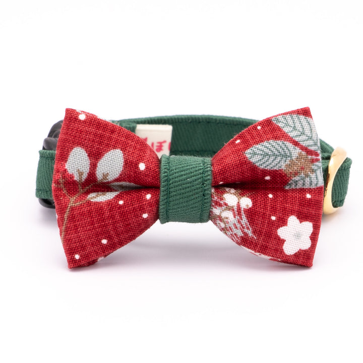 リボン付き猫首輪 クリスマス ボタニカル レッド