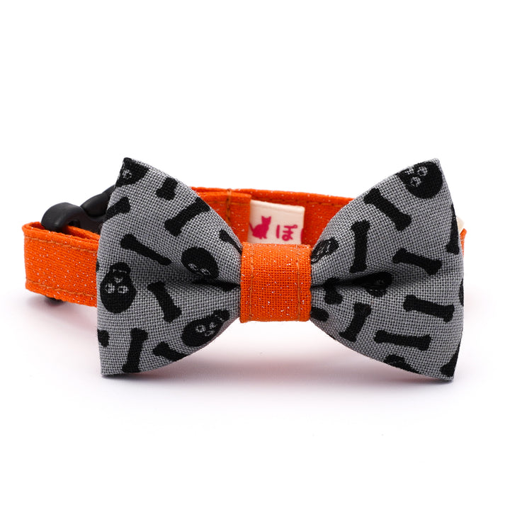 リボン付き猫首輪 ハロウィン スケルトン グレー