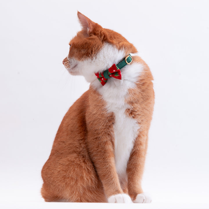 リボン付き猫首輪 クリスマス もみの木 レッド