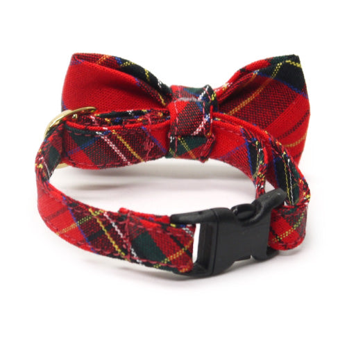 リボン付き猫首輪 タータンチェック レッド - ぽぽねこ公式オンラインショップ