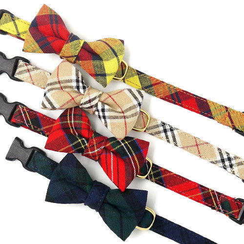 リボン付き猫首輪 タータンチェック レッド - ぽぽねこ公式オンラインショップ