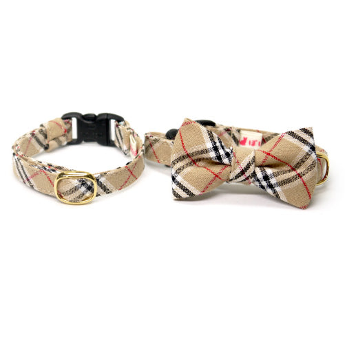 リボン付き猫首輪 タータンチェック ベージュ - ぽぽねこ公式オンラインショップ