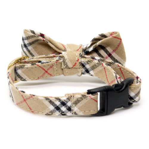 リボン付き猫首輪 タータンチェック ベージュ - ぽぽねこ公式オンラインショップ