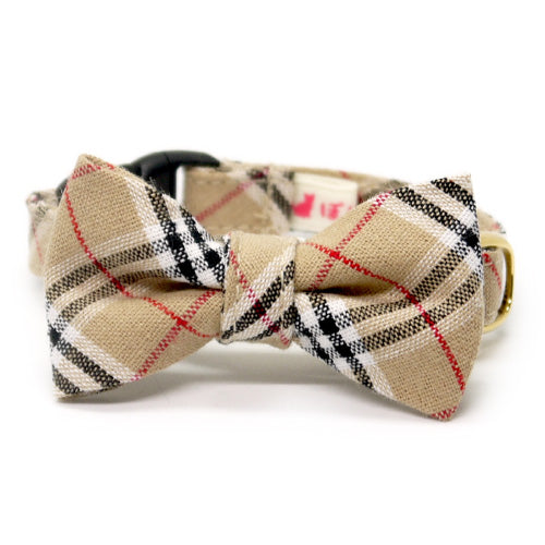 リボン付き猫首輪 タータンチェック ベージュ - ぽぽねこ公式オンラインショップ