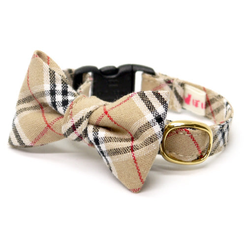 リボン付き猫首輪 タータンチェック ベージュ - ぽぽねこ公式オンラインショップ