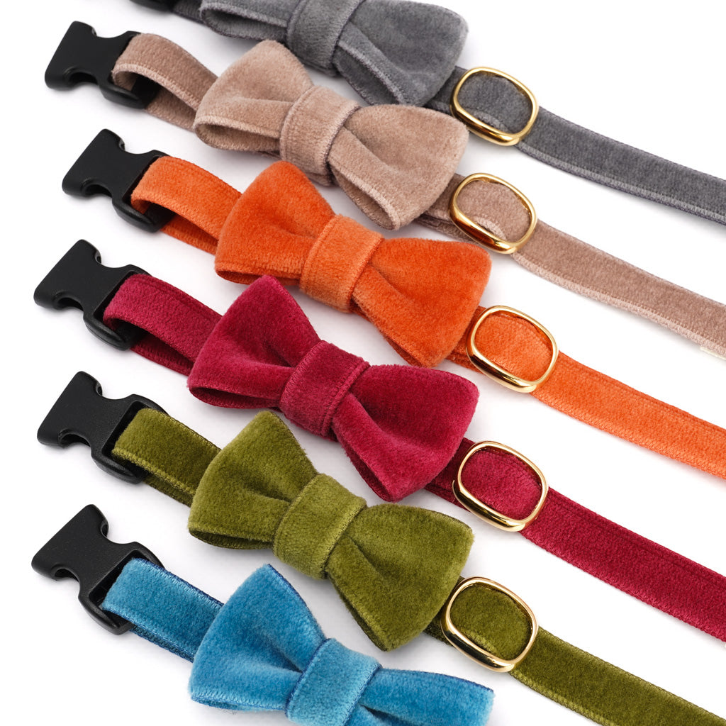 リボン付き猫首輪 ベルベット ダークベージュ