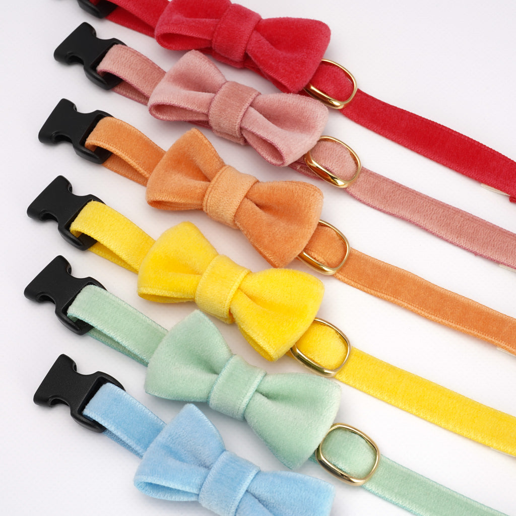 リボン付き猫首輪 ベルベット ピンク