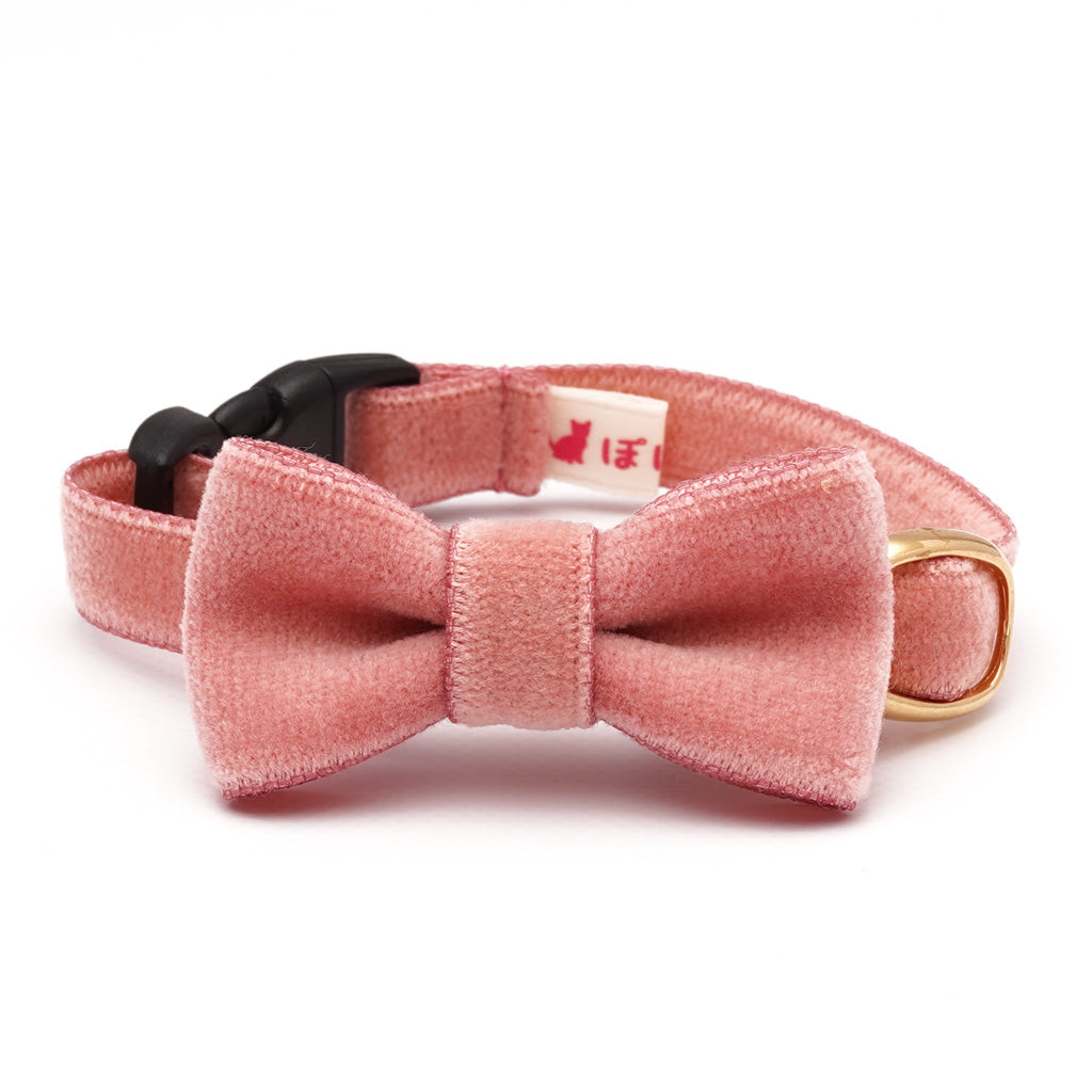 リボン付き猫首輪 ベルベット ピンク
