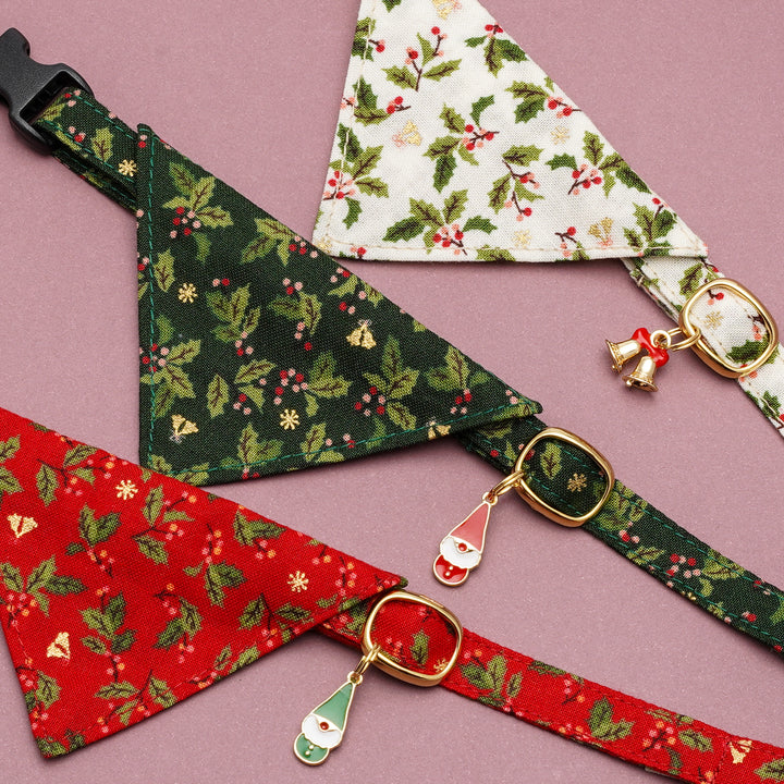 バンダナ付き猫首輪 クリスマス ヒイラギ アイボリー