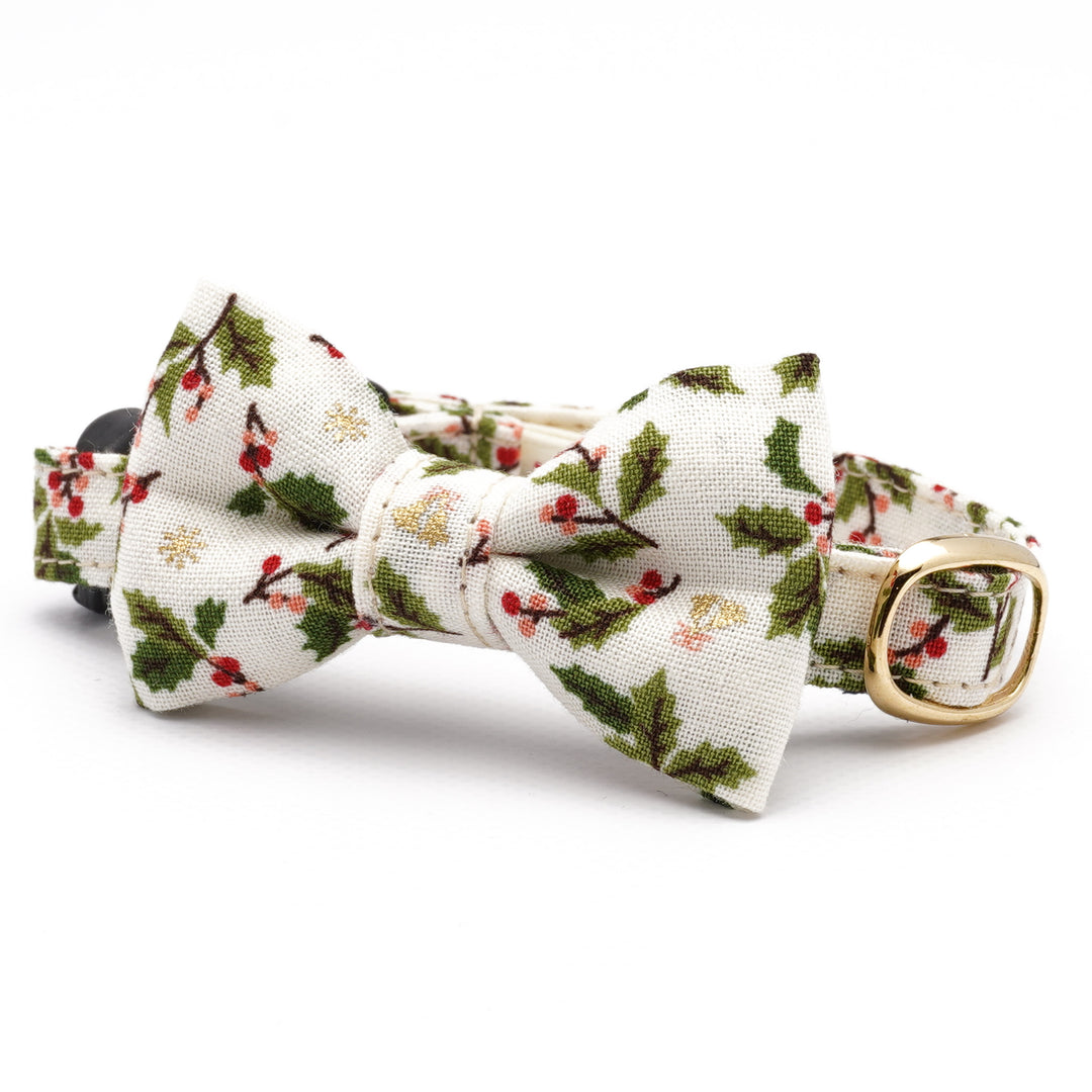 リボン付き猫首輪 クリスマス ヒイラギ アイボリー
