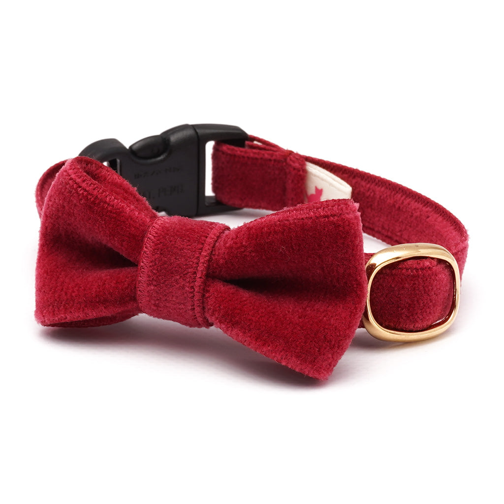 リボン付き猫首輪 ベルベット ダークレッド