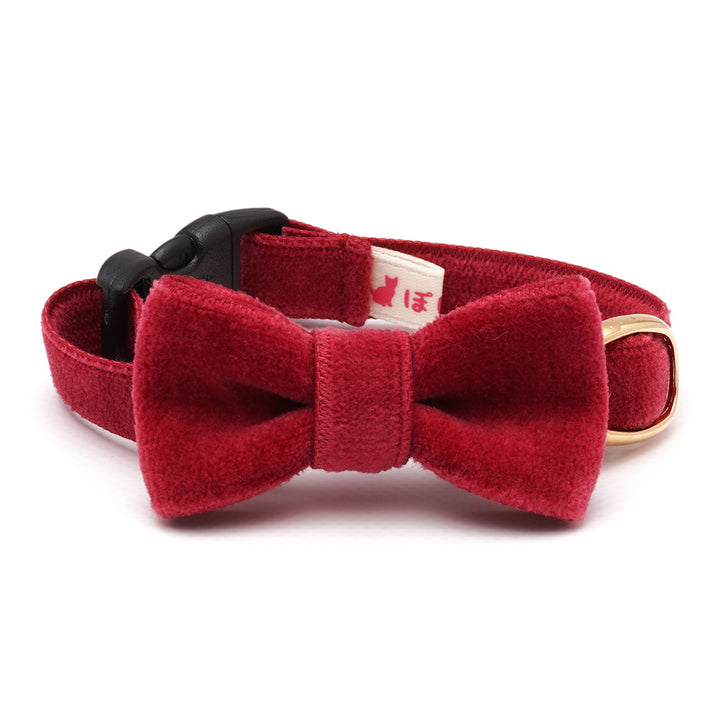 リボン付き猫首輪 ベルベット ダークレッド