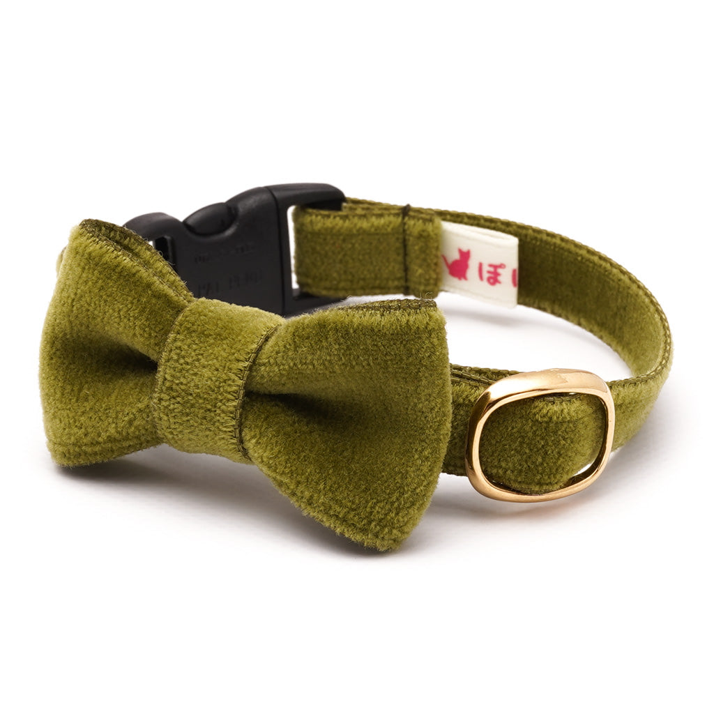 リボン付き猫首輪 ベルベット ダークグリーン