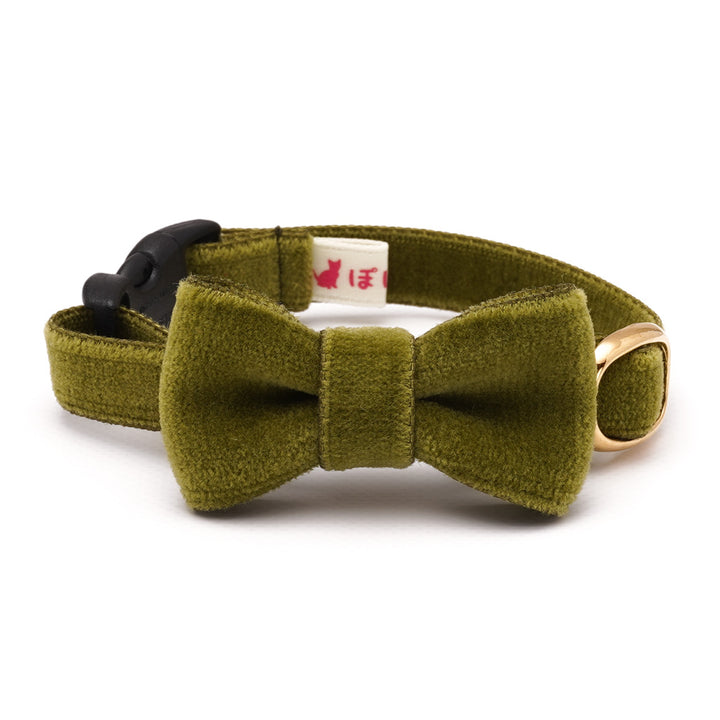 リボン付き猫首輪 ベルベット ダークグリーン
