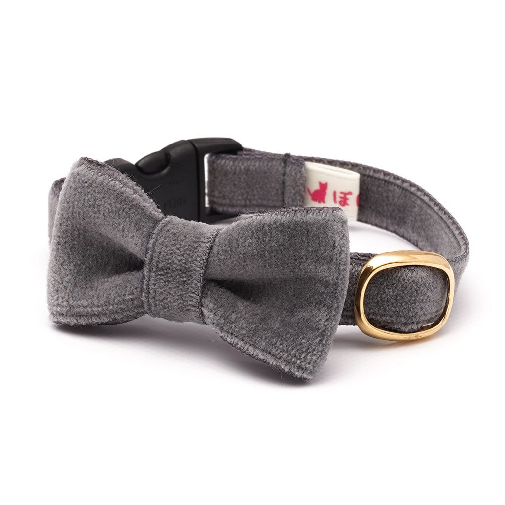 リボン付き猫首輪 ベルベット ダークグレー