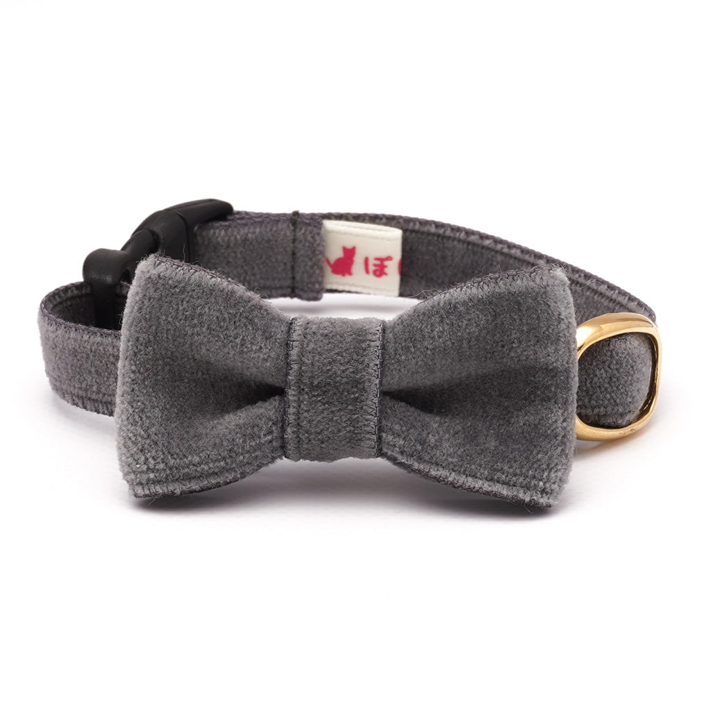 リボン付き猫首輪 ベルベット ダークグレー