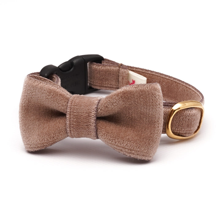 リボン付き猫首輪 ベルベット ダークベージュ