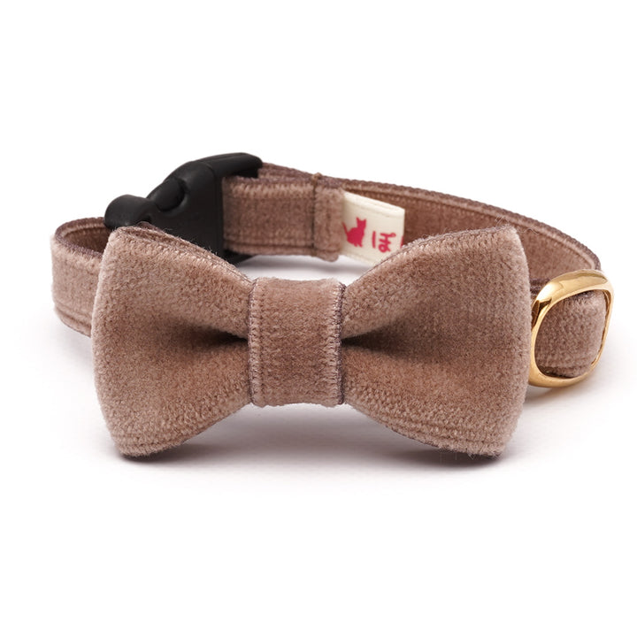 リボン付き猫首輪 ベルベット ダークベージュ