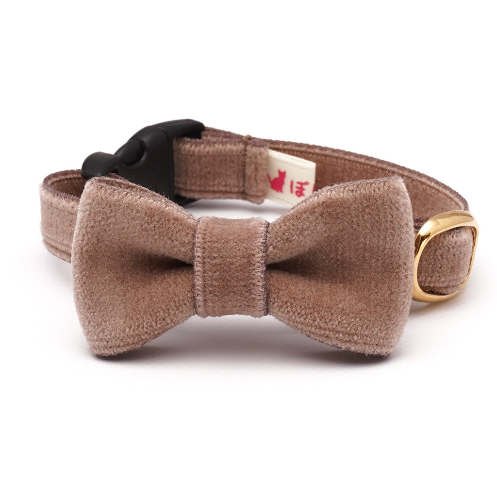 リボン付き猫首輪 ベルベット ダークベージュ