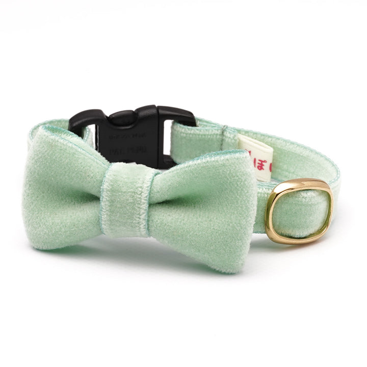 リボン付き猫首輪 ベルベット ライトグリーン