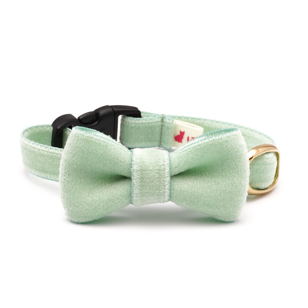 リボン付き猫首輪 ベルベット ライトグリーン