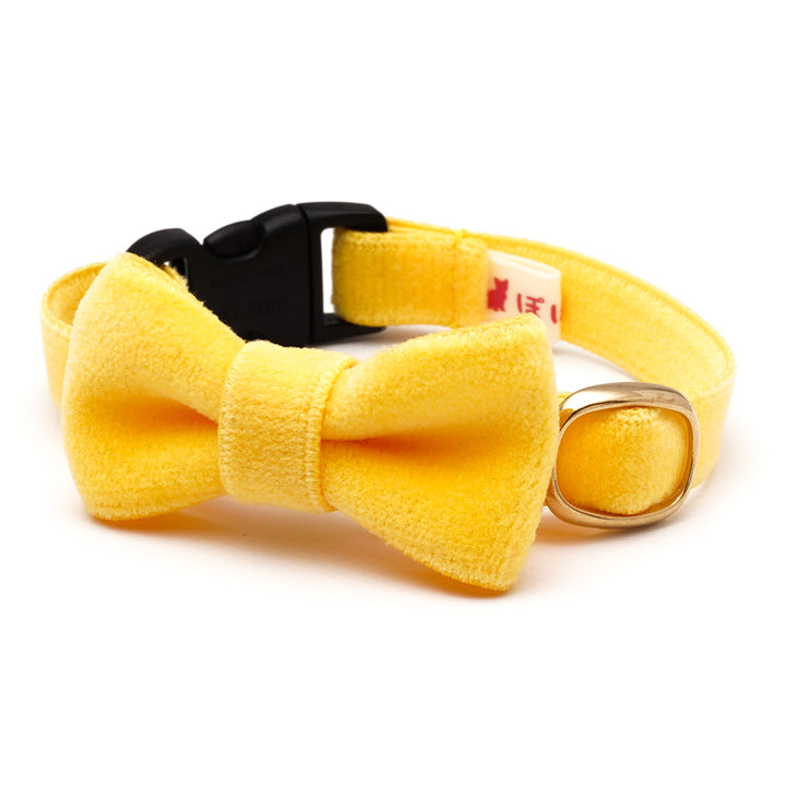 リボン付き猫首輪 ベルベット イエロー
